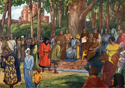 History. France. Saint Louis of France (Louis IX) making justice under the oak of Vincennes. Illustration in: Belles Images d'Histoire (History Schoolbook), by H. Geron, France, c.1948 (print)