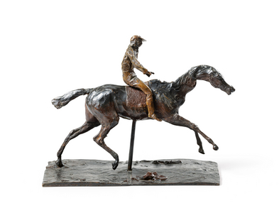 Horse galloping on the right lead, with only the rear left lead touching the ground; jockey mounted on the horse, 1865-81 (bronze)