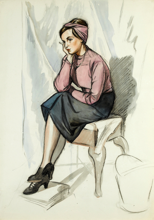 Seated woman, absorbed in thought (w/c over charcoal on paper)