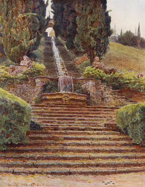Italian Gardens: The Cascade, Villa Cicogna (colour litho)