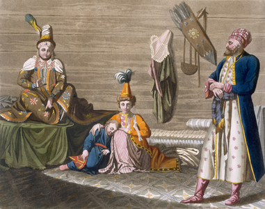 Tashkent inhabitants in a typical dwelling, c.1820s-30s (coloured engraving)