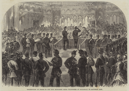 Distribution of Prizes to the 26th Middlesex Rifle Volunteers at Guildhall on Saturday Last (engraving)