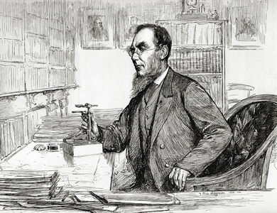 Portrait of Joseph Dalton Hooker in his laboratory, Kew Gardens, London. 1885 (litho)