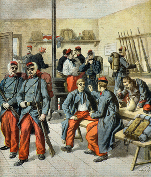 preparation for maneuvers on snow, 1895 (illustration)