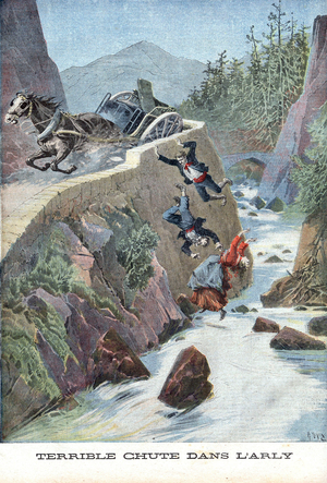 Terrible fall in Arly is an engraving of F Meaulle illustrating a fact various on the accident of attachment of the young Molinoz and the Ravier couple, deceased after a fall a height of 10m in the Arly in Savoy, extracting from of the illustrated supplement of the Petit Journal, published on August 2, 1896