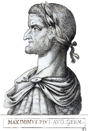 Italy: Maximinus Thrax (173 - 238), 27th Roman emperor, from the book "Romanorvm imperatorvm effigies: elogijs ex diuersis scriptoribus per Thomam Treteru S. Mariae Transtyberim canonicum collectis", 1583