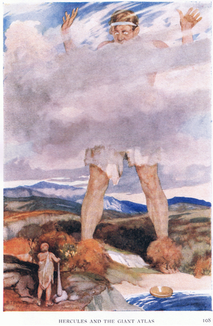 Hercules and the giant Atlas, 1938 (colour litho)