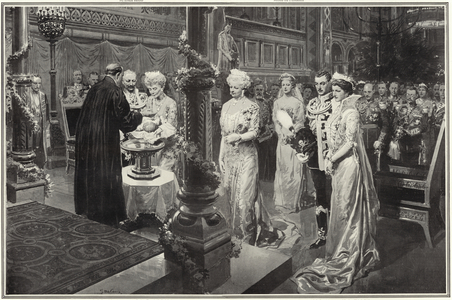 The Brunswick christening: the actual ceremony in the Cathedral as portrayed by our artist. Published in The Sphere, 16 May 1914. (litho)