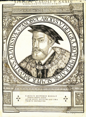 Carolus V, illustration from 'Imperatorum romanorum omnium orientalium et occidentalium verissimae imagines ex antiquis numismatis', woodcut by Rudolph Wyssenbach, printed by Andreas Gesner, Zurich, 1559 (woodcut)