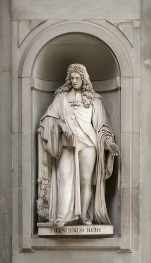 Italy: Francesco Redi (1626 - 1697), Italian physician, naturalist, biologist and poet. 19th century statue outside the Uffizi Gallery, Florence, Italy. Sculpted by Pietro Costa (2016)