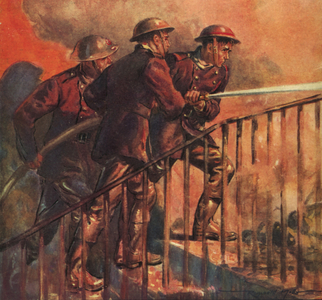 British firemen of the wartime National Fire Service fighting a fire during the Blitz, World War II, 1940s (colour litho)