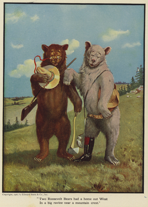 Two Roosevelt Bears had a home out West in a big ravine near a mountain crest (colour litho)