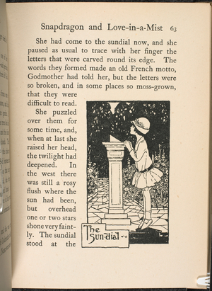 Illustration of young girl in a garden, standing on tiptoe to look at a sundial. Children's story.