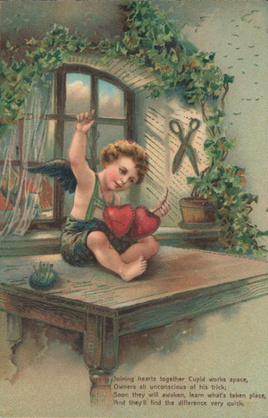 Putto joining hearts (chromolitho)