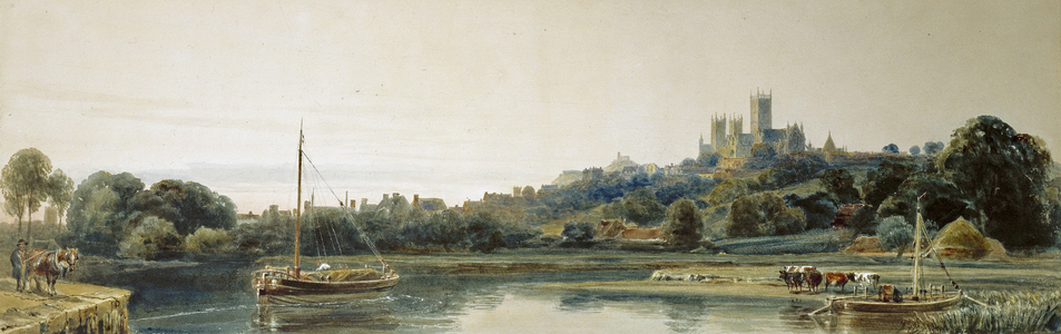 Lincoln: a view of the town and cathedral from the river, c.1840 (watercolour with gouache over pencil on paper)
