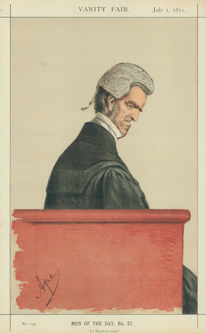 Sir John George Shaw-Lefevre, La Reyne le veult, 1 July 1871, Vanity Fair cartoon (colour litho)