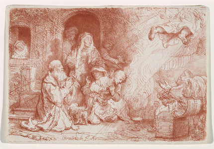 The Angel Departing from the Family of Tobias, 1641 (etching with drypoint, printed in sanguine)