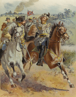 General J E B Stuart's Raid around McClellan, June 1862 (colour litho)
