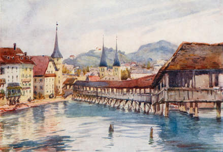 Switzerland, 1900s: Lucerne, The Old Bridge (colour litho)