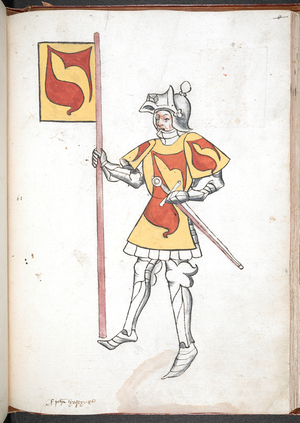 Coloured drawing of a knight in armour and tabard.