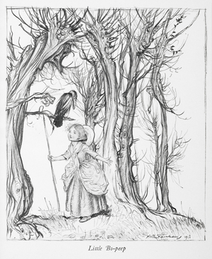 Little Bo-peep in a wood with a bird.