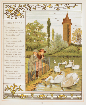 The swans. Two children looking at swans on a lake. Colour Illustration from 'Abroad'.