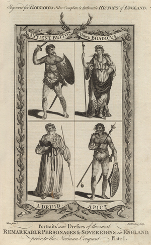 An Ancient Briton, Queen Boudica, a Druid and a Pict, illustration from 'The New, Comprehensive and Complete History of England' by Edward Barnard, 1782 (engraving)