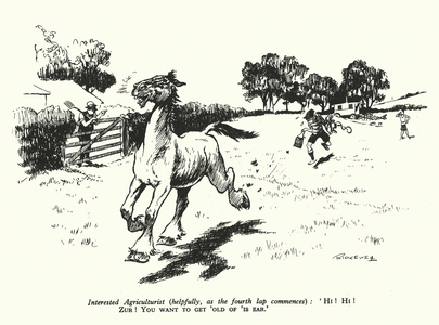 Interested Agriculturist (helpfully, as the fourth lap commences), "Hi! Hi! Zur! You want to get 'old of 'is ear" (litho)