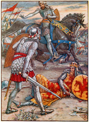 Sir Lancelot forbids Sir Bors to slay the king (colour litho)