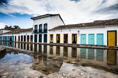 Tide flooded colonial era street, Historic Center District, Paraty, Brazil, March 2018 (photo)