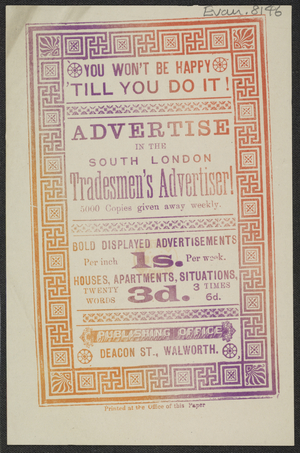Advert for the 'South London Tradesman's Advertiser', 1885 (print)