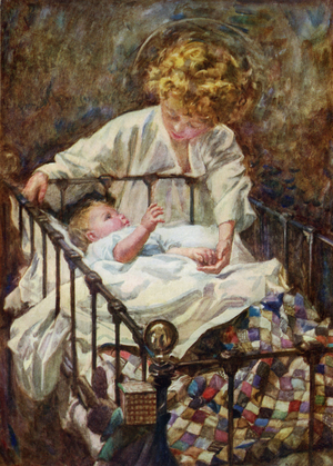 An angel bends over a baby's cot
