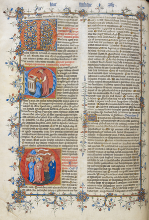 Opening of the Book of Malachi: decorated initial 'M'; initials 'D' and 'O' with miniatures