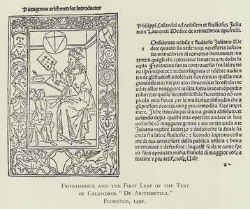 Frontispiece and the First Leaf of the Text of Calandrus "De Arithmetica," Florence, 1491 (litho)