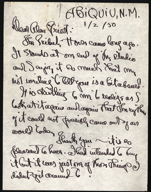 Letters to Alan Reed Priest from Georgia O'Keeffe, 2nd January 1950 (pen & ink on paper)