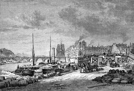 Banks of the river Seine in Paris View of the dock Henri-IV before the building of the bridge Saint Germain (in the 1870's) in Paris, engraving 19th century