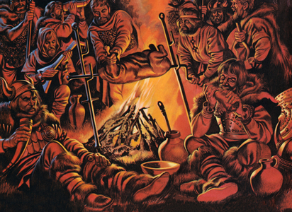 King Alfred, dressed as a minstrel, plays and sings in the camp of the Danish (colour litho)