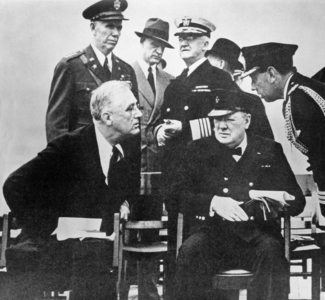 USA / UK: President Franklin Delano Roosevelt and Prime Minister Winston Churchill aboard HMS Prince of Wales for the Atlantic Charter meeting, Placentia Bay, August 14, 1941