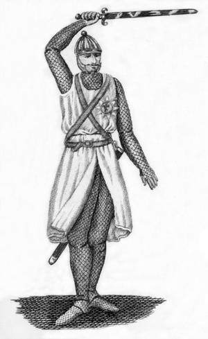 Knight Templar wearing war suit for crusade, 12th-14th century, engraving
