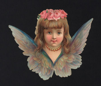 Victorian scraps: Angel with large wings, a pearl neckace, and roses in her hair (chromolitho)