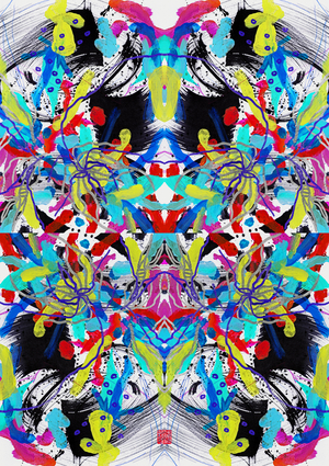 Zen Ink Blue Red Yellow Floral Pattern, 2023 (acrylic on paper, digital)