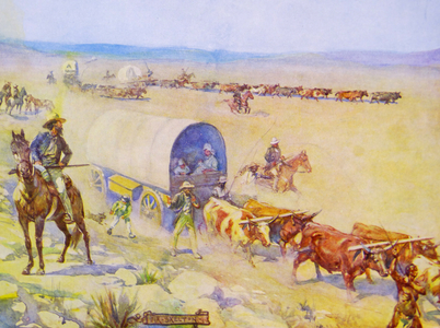 Painting depicting the Bullock waggons moving over the billowy plains