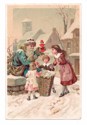 Edwardian postcard of Father Christmas showing a doll to three children, c.1910 (colour litho)