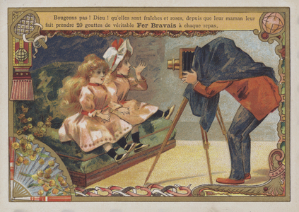 Two children having their photo taken (colour litho)