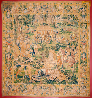 Flemish tapestry. Series The Book of Judith. Judith before Holofernes (Judith ante Holofernes). Fifth tapestry in the series. Manufacture Netherlands, Brussels(?). Second half of the 16th century. Fabric Wool. Location Church of Saint Nicholas of Bari (museum opened in 2009). Origin Church of Saint Stephen.