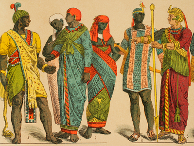 Ancient Egypt, From left to right; 5: animal skin used as a cape, 6: costume adhered to the body with long narrow sleeves … (colour litho)