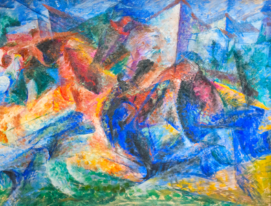 Horse, rider and buildings, 1913-14 (oil on canvas)