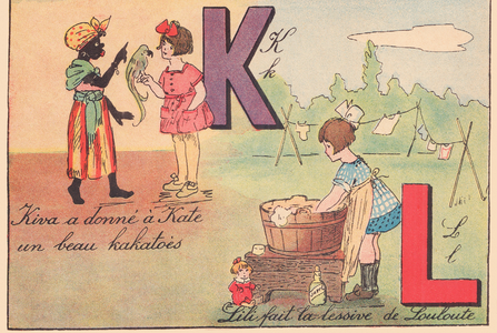 Kiva gave Kate beautiful kakatoes. Lili does Louloute's laundry., around 1920 (print)