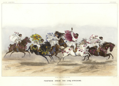 Five costumed monkeys on horseback (colour litho)