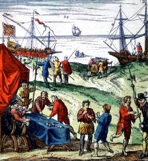 trade trading post in West Indies, detail from a map, 1565